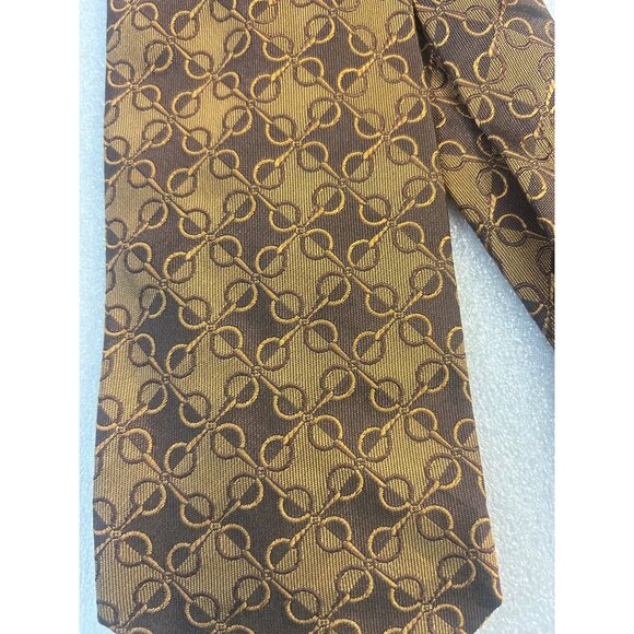 Longchamp Paris Mens Tie Brown & Gold Chain Pattern 100% Silk - Picture 4 of 5